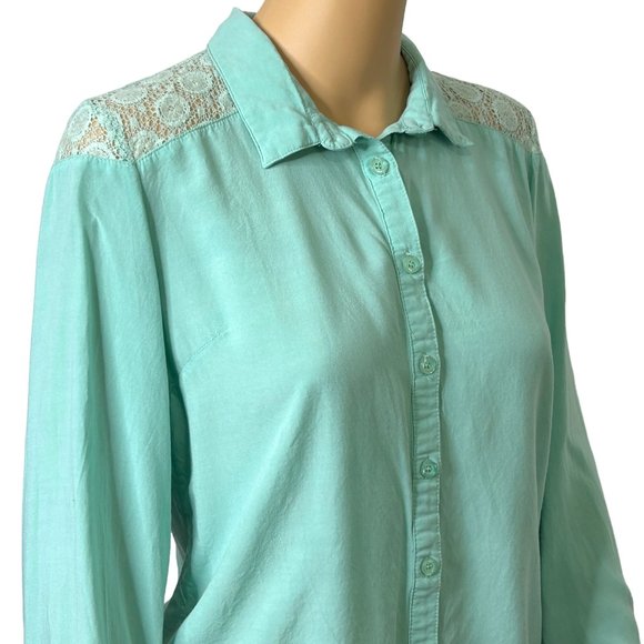 VTG Charlotte Russe Womens M Turquoise‎ Lace Long Sleeve Button Up Shirt Blouse - Picture 4 of 10